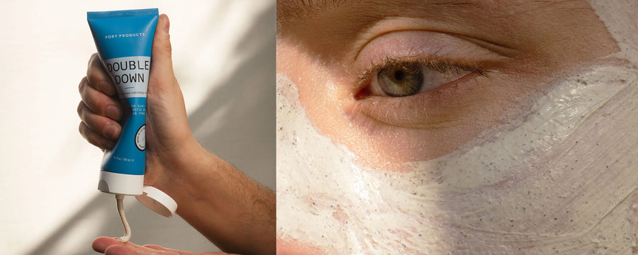 Hand squeezing blue Double Down Face cleanser and Exfoliating Mask tube and close up of man's face with mask