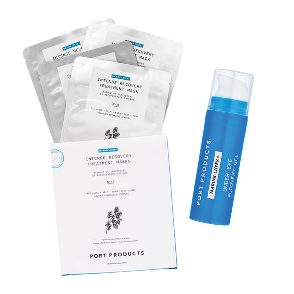 Marine Layer® Intense Recovery Treatment Masks (4 Pack) and Under Eye Recovery Gel in a blue tube with white cap against a white background