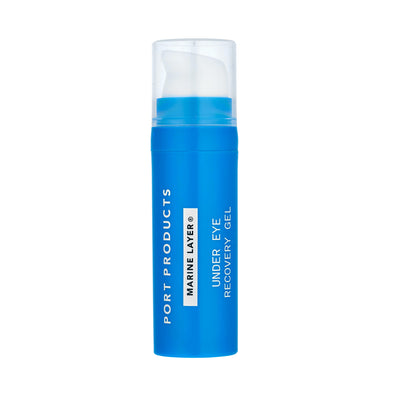 Marine Layer® Under Eye Recovery Gel blue bottle with white pump on white background