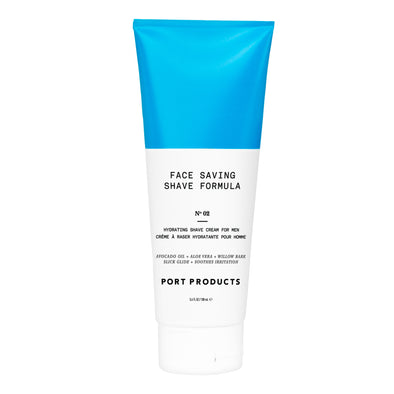 Face Saving Shave Formula white and blue tube on white background